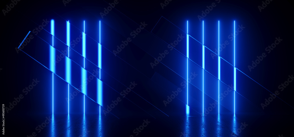 Futuristic Neon Glowing Vertical Lines Cyber Blue Laser Lights Behind Frosted Glass Panels In Dark Grunge Cement Concrete Underground Tunnel Corridor Studio Hangar 3D Rendering