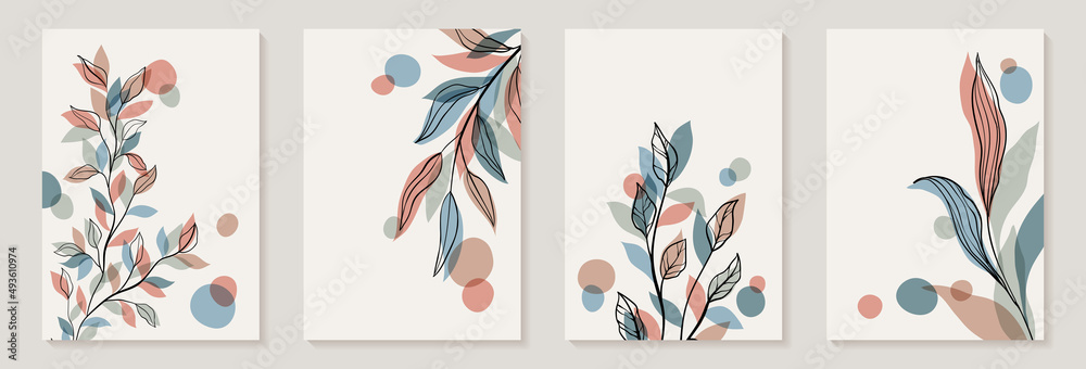 Creative minimalist Abstract art background with leaves branch and Hand Drawn doodle Scribble floral plants. Abstract leaf. Design wall decoration, postcard, poster or brochure - obrazy, fototapety, plakaty 
