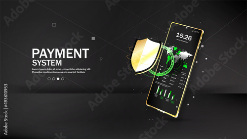 Payment system. Vector illustration of mobile data security. The concept of an online payment protection system with a smartphone. A smart application protects your smartphone. 