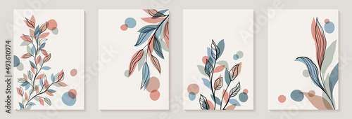 Fototapeta Creative minimalist Abstract art background with leaves branch and Hand Drawn doodle Scribble floral plants