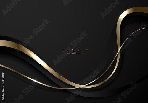Abstract elegant gold and black curved wave lines with shiny sparkling light on dark background luxury style