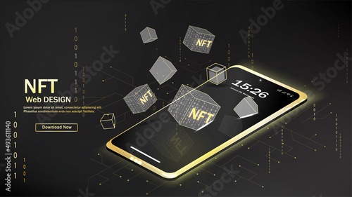 Concept of NFT ,non-fungible token with network vector on dark background. Vector illustration concept nft banner for website. Non-renewable token. Vector illustration.