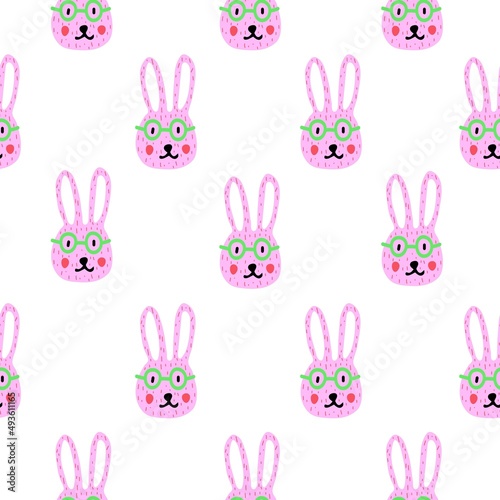 children's pattern with pink bunnies in green glasses on a white background in a hand drawing and doodle style
 photo