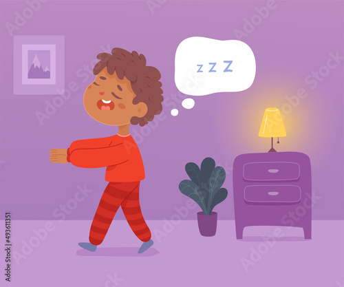 Funny boy somnambulist sleepwalking at night, little child sleeping, lunatic kid walking