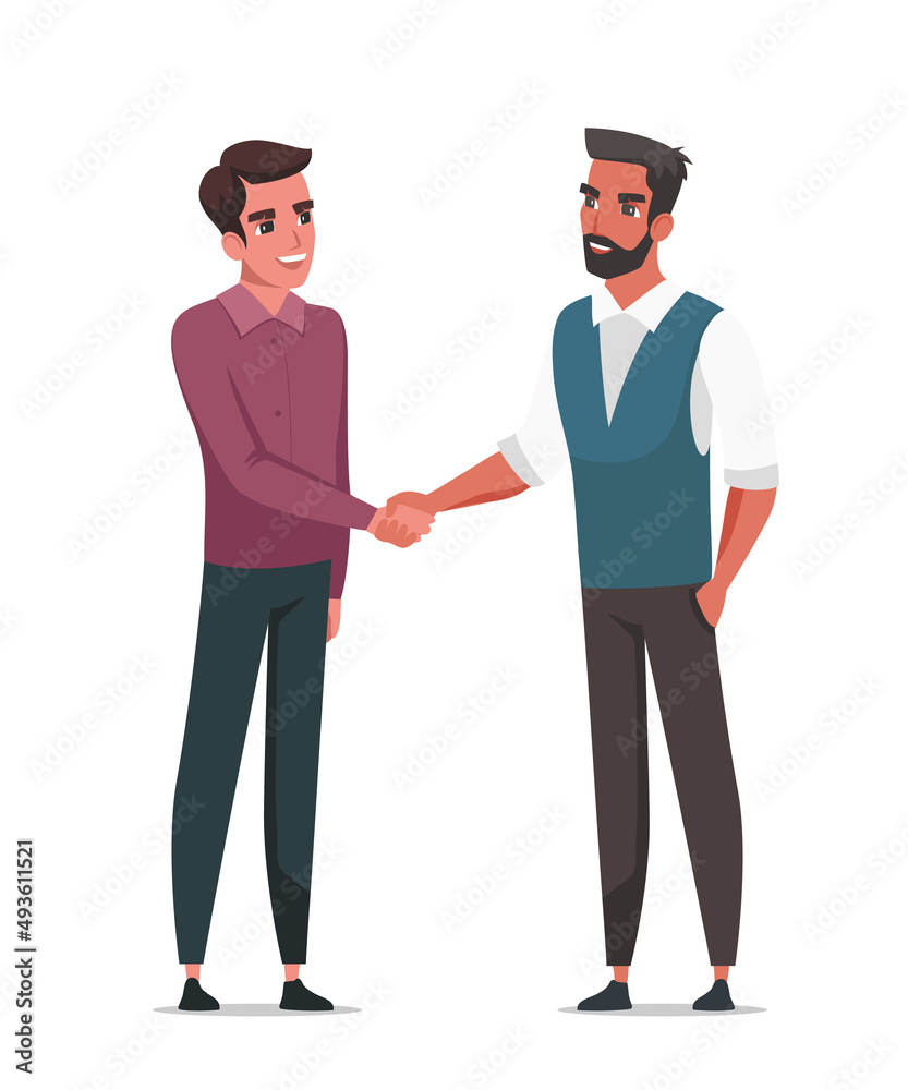 Two men shake hands with each other isolated on white background. Meeting and greeting friends. Businessmen deal agreement. Vector character illustration of partnership cooperation, communication Two men shake hands with each other isolated on white background. Meeting and greeting friends. Businessmen deal agreement. Vector character illustration of partnership cooperation, communication