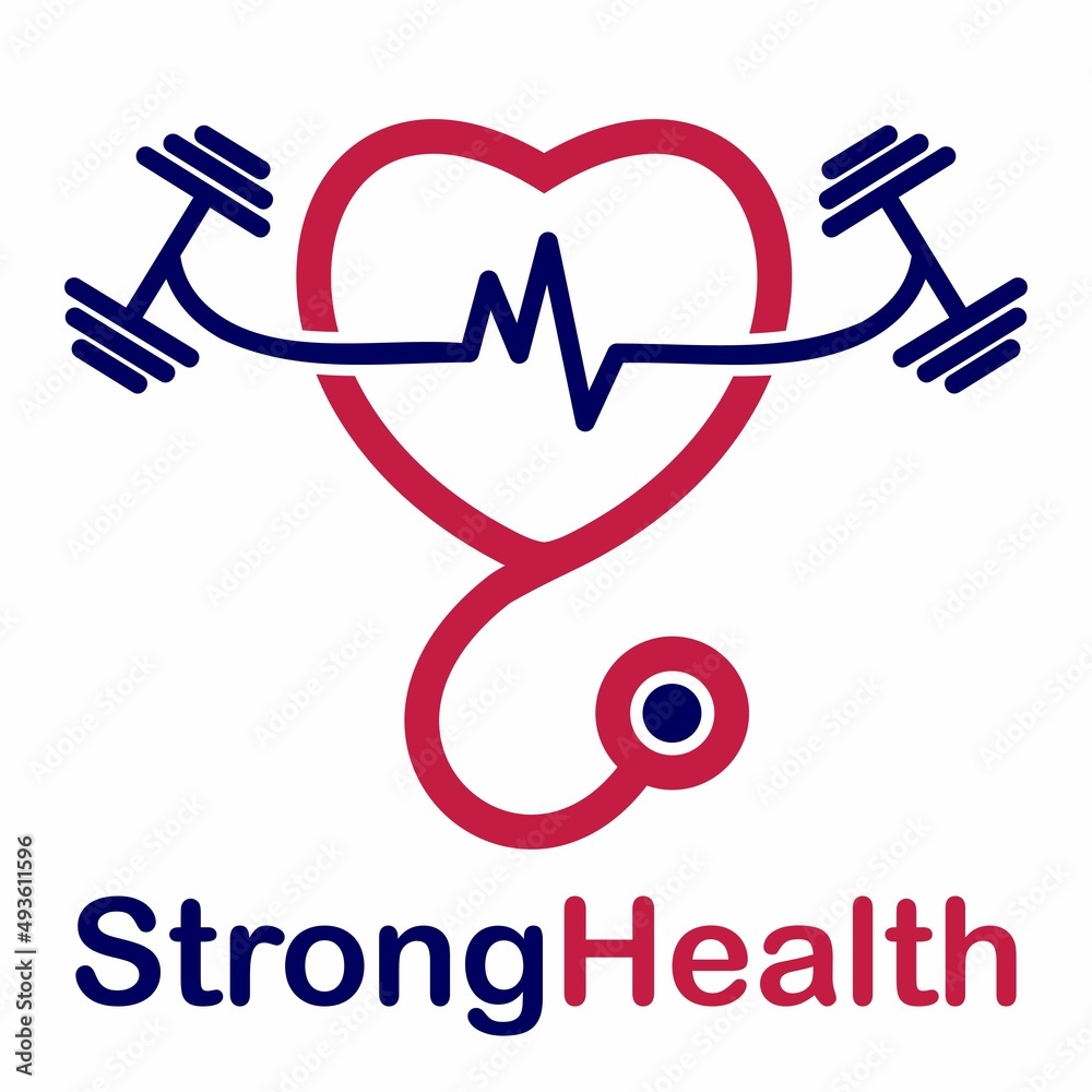 Strong health vector logo template. This design use stethoscope, heart or leaf and barbell symbol. Suitable for health. Strong health vector logo template. This design use stethoscope, heart or leaf and barbell symbol. Suitable for health.