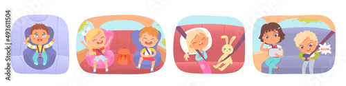 Kids sit in carseats set, child enjoying car ride, happy boy and girl looking at phone photo