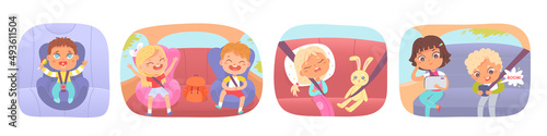 Kids sit in carseats set, child enjoying car ride, happy boy and girl looking at phone