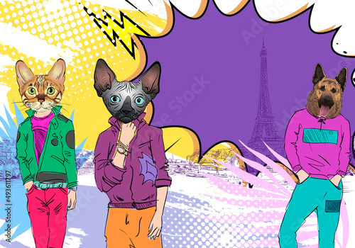 Different fashion models with animal heads set. Modern clothes. Template sketch vector illustration. View of the Eiffel Tower and Sena River. Paris, France. Urban sketch. 