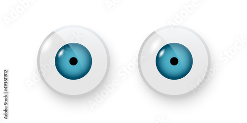 Toy eyes vector illustration. Wobbly plastic open blue eyeballs of dolls looking forward round parts with black pupil isolated on white background