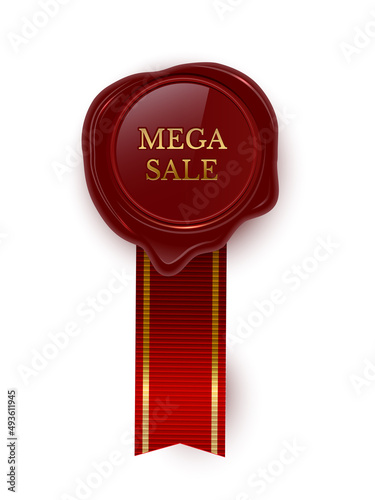 Red wax round seal with ribbon and sale gold stamp, 3d vintage promotion for customers