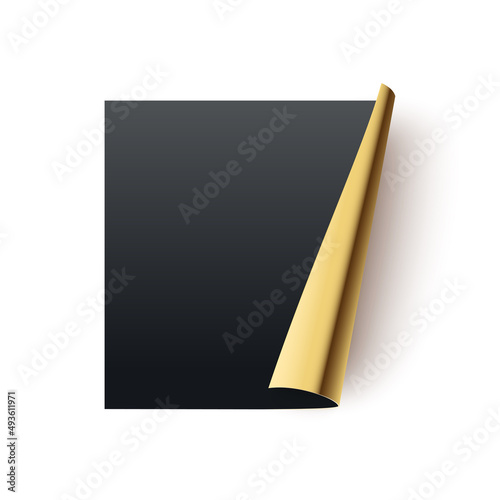 Black paper sticker vector illustration. Realistic 3d curl page with golden rolled corner of square shape, decoration element with shadow isolated on white background.