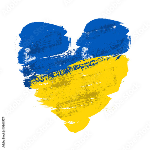 Blue and yellow Ukraine flag color brush strokes in heart shape vector illustration isolated on white background.