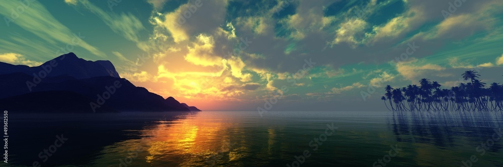 Beautiful sea sunset, rocky ocean coast at sunrise, sky with sun and clouds on the sea surface, 3d rendering