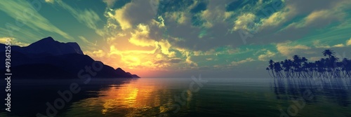 Beautiful sea sunset, rocky ocean coast at sunrise, sky with sun and clouds on the sea surface, 3d rendering © ustas