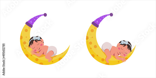beauty girl baby with diaper pose sleeping on the moon crescent for dream lullaby concept illustration for baby shower