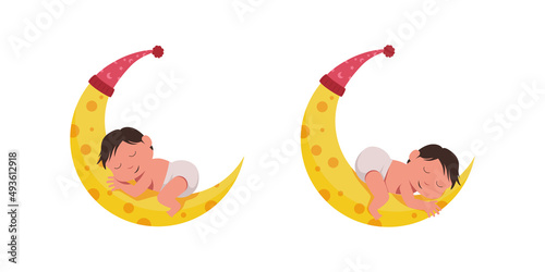 baby boy with diaper pose sleeping on the moon crescent for dream lullaby concept illustration for baby shower