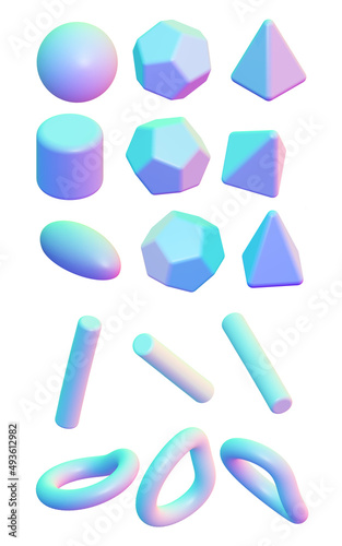 Torus, helix, cylinder, pyramid, dodecahedron, cube, icosahedron. 3d objects for decor and background isolated on white background. Set of multi-colored three-dimensional geometric shapes.