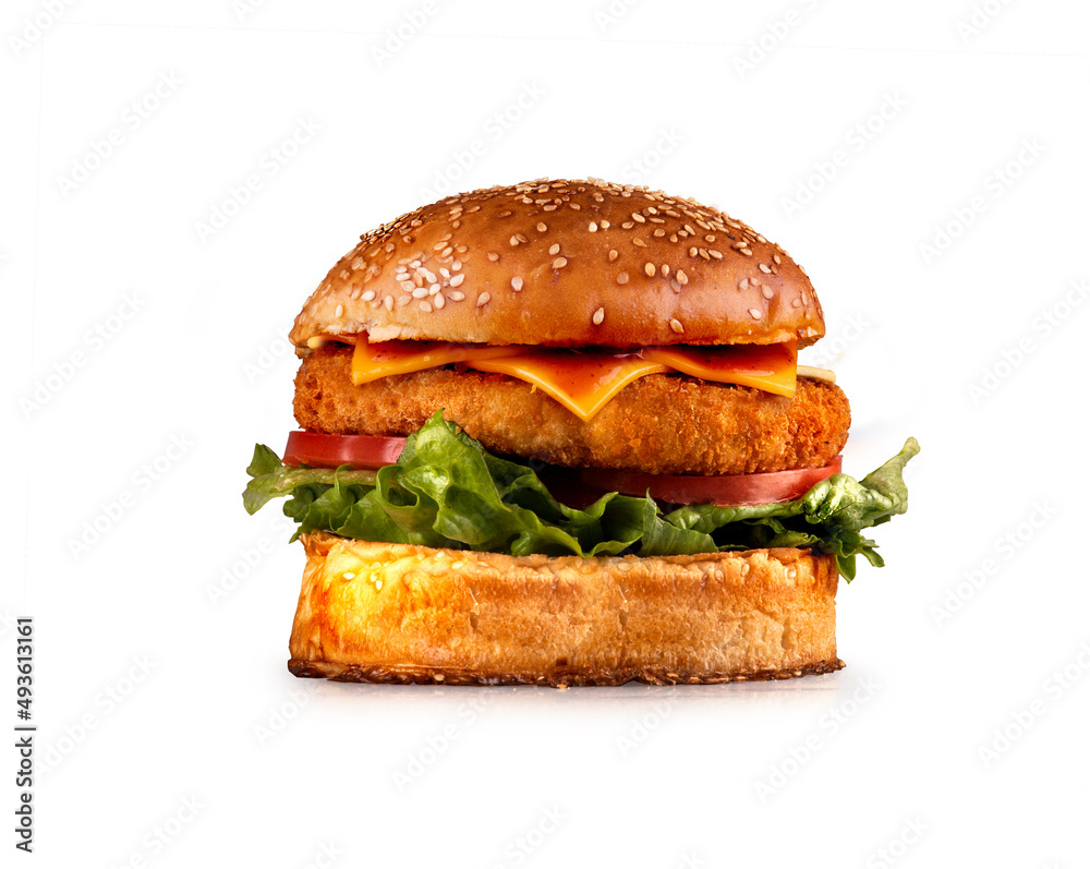 crispy chicken burger on white background