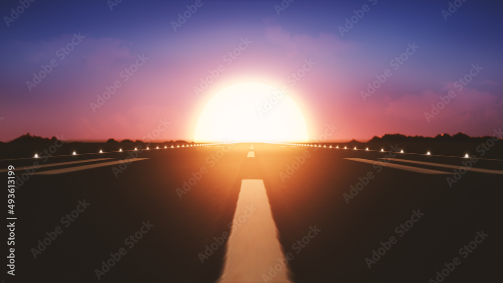 Fototapeta premium The huge sun at the end of the road.An empty road to the sunset.