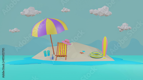 3D rendering of Beach island background with umbrella ,hat ,sunglasses,surfboard, slipper, juice, starfish and sea. use for travel advertising