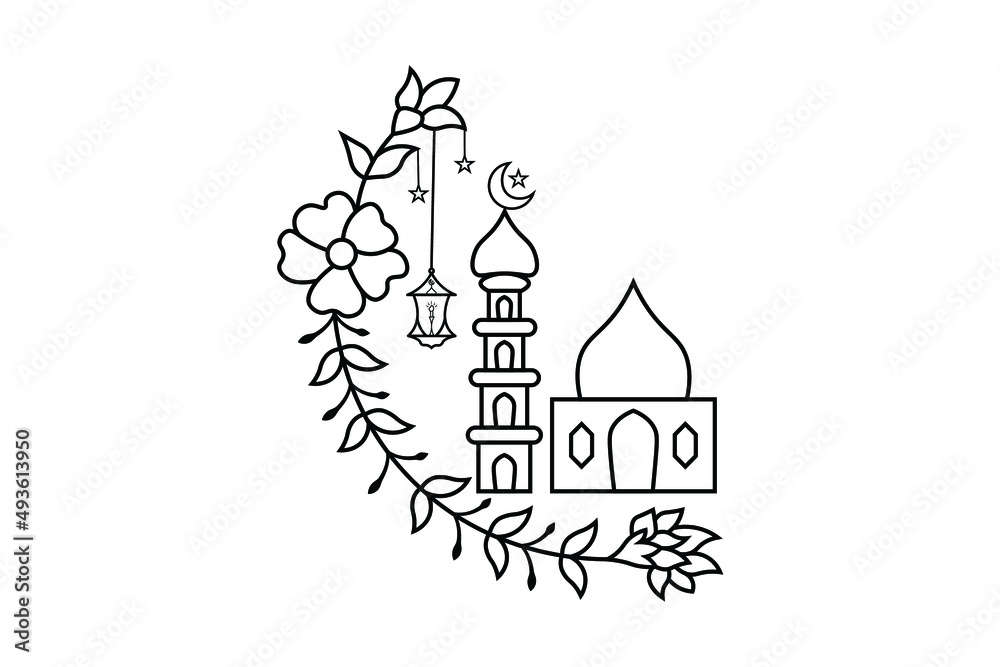 Fototapeta premium Islamic lamp outline, lamp vector design, light element line drawing 