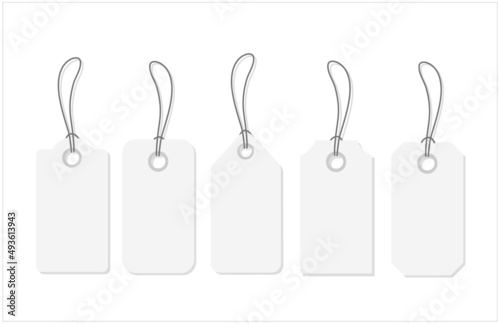 Mockup and template for paper price tag. Set of blank white tags with rope. White shopping labels and price tags in different shapes. Vector 