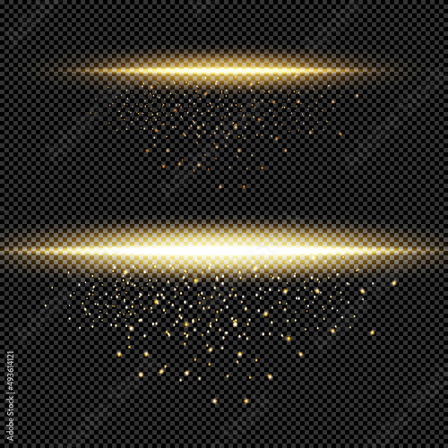 Flash light effect with bokeh glare. Gold glitter on a dark transparent background. Vector illusion. EPS 10