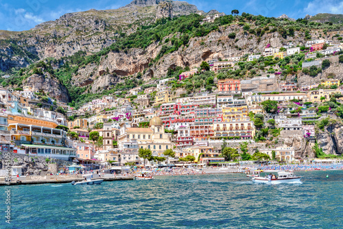 Amalfi coast, Italy - July 01 2021: View of the village of Positano along the Amalfi Coast in Italy, with its characteristic colorful houses