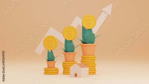 3D rendering of money investment concept. tree with coins Sorting investment coins from ascending to descending Saving money in a piggy bank on a 3D render background.