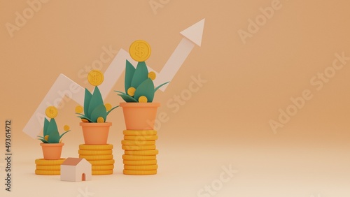 3D rendering of money investment concept. tree with coins Sorting investment coins from ascending to descending Saving money in a piggy bank on a 3D render background.