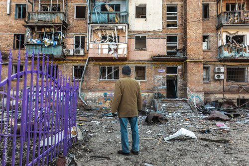 Damaged residential buildings in the aftermath of  shelling in Kyiv photo