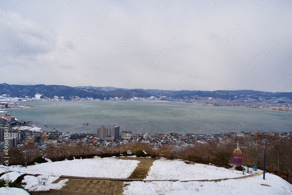 The view of Lake Suwa from Tateishi Park in winter at Nagano. The view of Lake Suwa from Tateishi Park in winter at Nagano.
