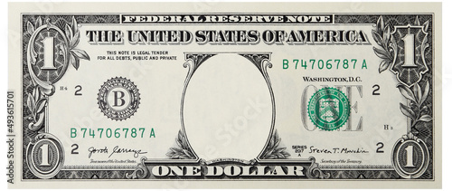 Clear 1 Dollar Banknote pattern, One hundred dollar border with empty middle area, U.S. 1 highly detailed dollar banknote. on a white background.  © Vieriu