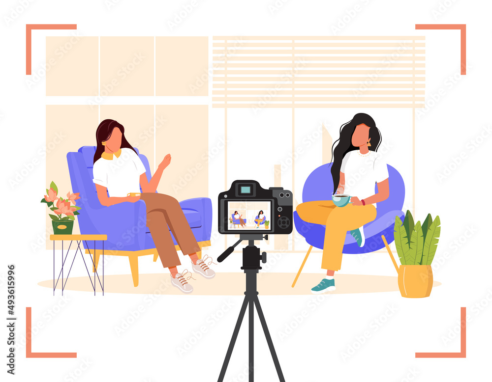Podcast. Blogger recording interview with camera.  Live broadcast vector illustration.Female bloggers in social networks. Vloggers cartoon characters. Interview, podcast, video recording in studio.