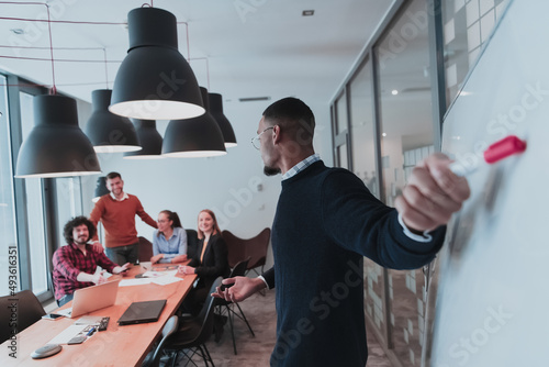 Wallpaper Mural Leader give a business presentation at an office conference meeting, businessman coach mentor explains graph chart on board corporate group workshop training in boardroom. Selective focus  Torontodigital.ca