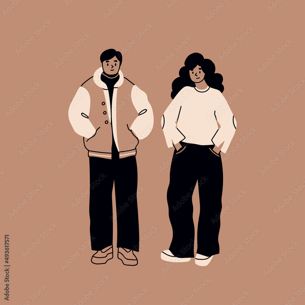 Street fashion look. Young man and woman dressed in stylish trendy oversized clothing. Couple standing in various poses. Korean japanese asian cartoon style. Hand drawn Vector isolated illustrations