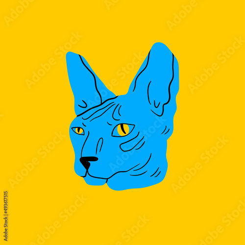 Close-up portrait of Sphynx Cat. Hairless cat breed. Abstract blue color. Cartoon style. Home pet, animal care concept. Hand drawn modern isolated Vector illustration. Logo, icon, avatar template