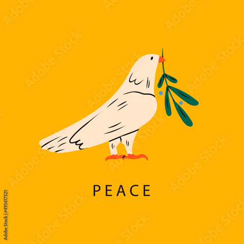 Dove of peace. Standing bird with an olive branch in beak. Peace and love, freedom, no war concept. Hand drawn modern isolated Vector illustration. Icon, logo template