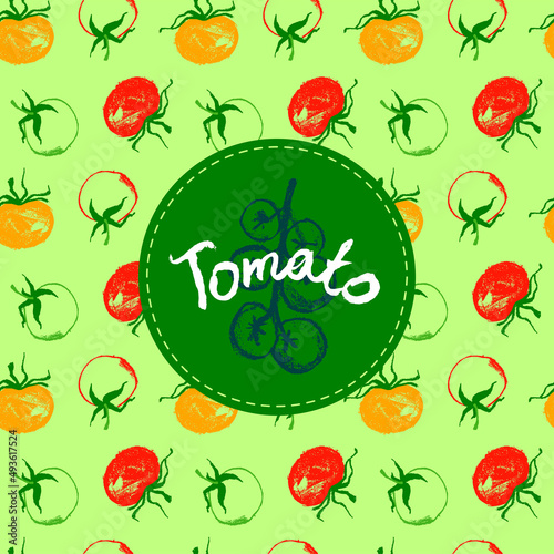 Vector Tomatoes pattern seamless for label tomato paste or Tomato juice packaging. Hand-drawn vegetarian background. Organic vegetables. Vegan ornament for eco market banner, healthy food flyer — Bio.