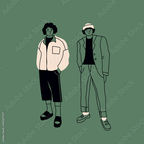 Street fashion look for boys. Young men dressed in stylish trendy oversized clothing. Two models standing together. Korean japanese asian cartoon style. Hand drawn Vector isolated illustrations