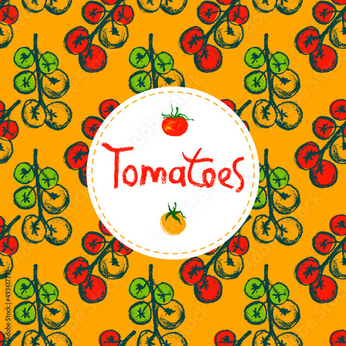 Cherry Tomatoes pattern seamless vector for label catchup or tomato juice packaging. Vegetarian background. Organic vegetables drawings. Ornament for vegan restaurant banner, healthy food flyer — Bio