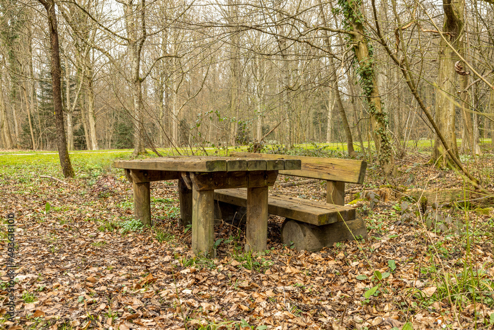 Holztisch und Sitzbank im Wald Holztisch und Sitzbank im Wald