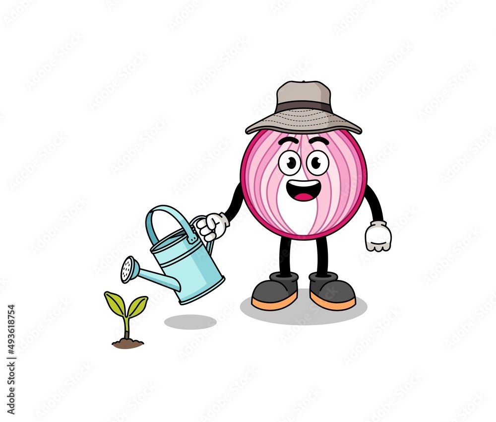 Illustration of sliced onion cartoon watering the plant
