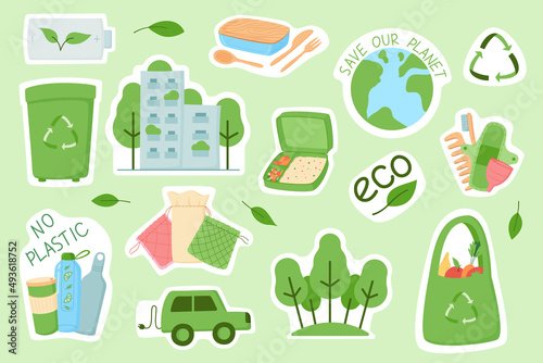 stickers. Cartoon zero waste shopping bag, green electricity, smart city. Vector emblems isolated set