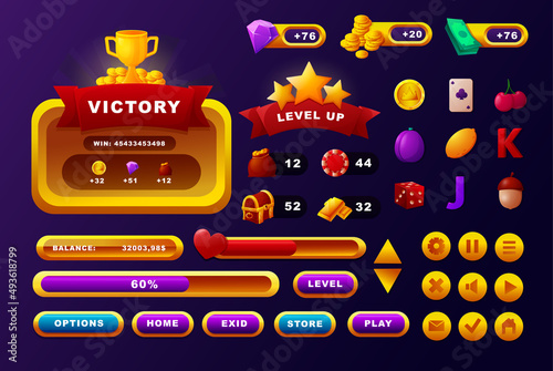 Casino game . Cartoon web and mobile user interface design elements, progress bar. Vector game score icons