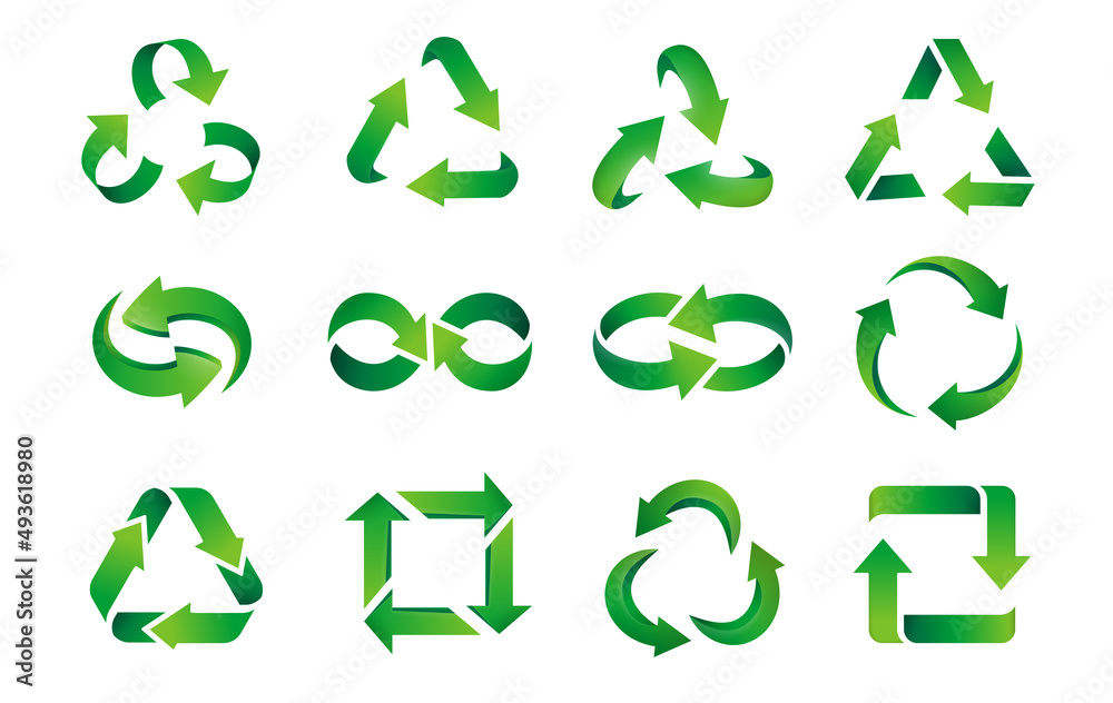 arrows logo. Green reuse and recycle gradient business emblems. Vector zero waste and green energy arrows logo. Green reuse and recycle gradient business emblems. Vector zero waste and green energy