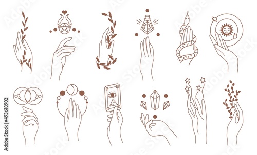 hands. Abstract hand drawn magic woman hands, doodle magic feminine symbols. Vector set
