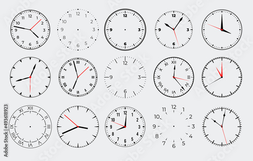 Circle watch face. Clock with marks numbers and arrows. Vector isolated set photo