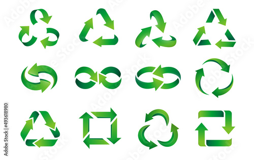 arrows logo. Green reuse and recycle gradient business emblems. Vector zero waste and green energy